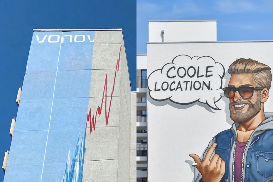 „Das fehlende Drittel“ in Hannover (links), Fassadenkunst als Marketing in Berlin (rechts)