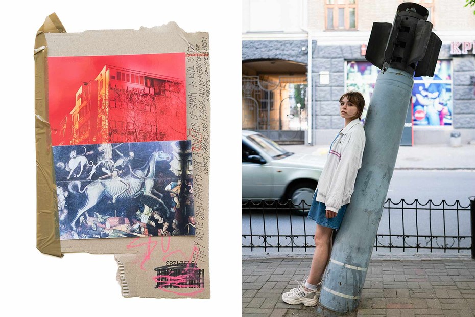 Collage aus der Reihe „Untitled Yet“ von Sasha Kurmaz (links). Lena, Kiew im Frühjahr 2022