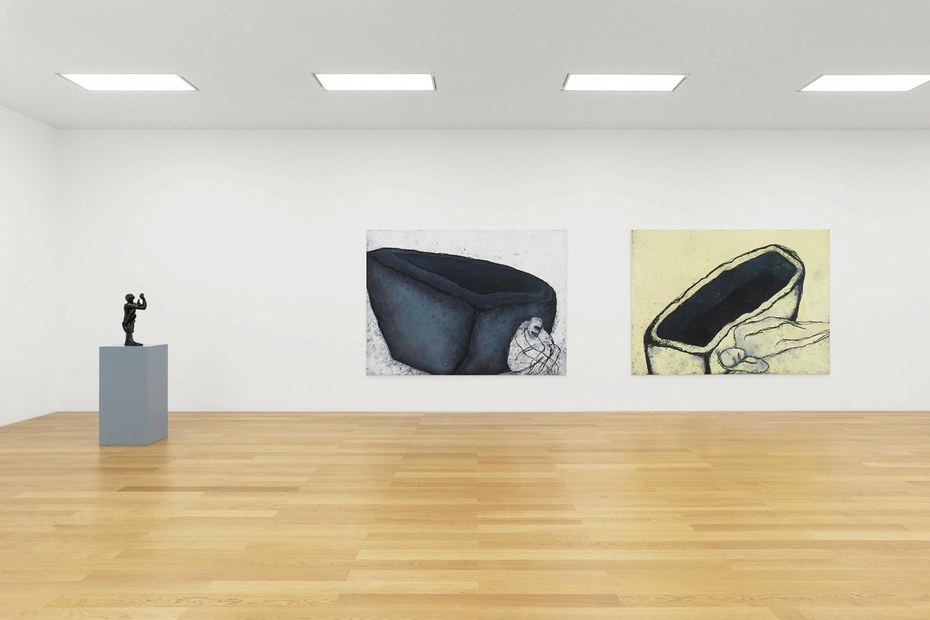 Skulpturen von Alberto Giacometti, Hans Arp und Max Beckmann stehen neben den Arbeiten Paco Knöllers