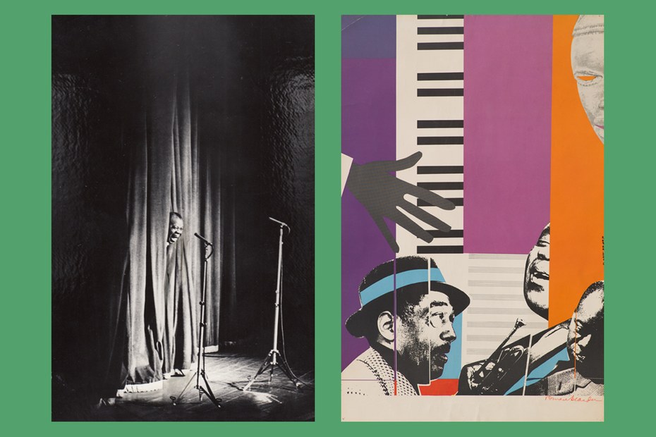 Links: Louis Armstrong blickt durch den Vorhang im Berliner Friedrichstadt-Palast bei seinem Konzert am 20.03.1965; rechts: Collage von Romare Bearden 1975 zeigt Duke Ellington und Louis Armstrong