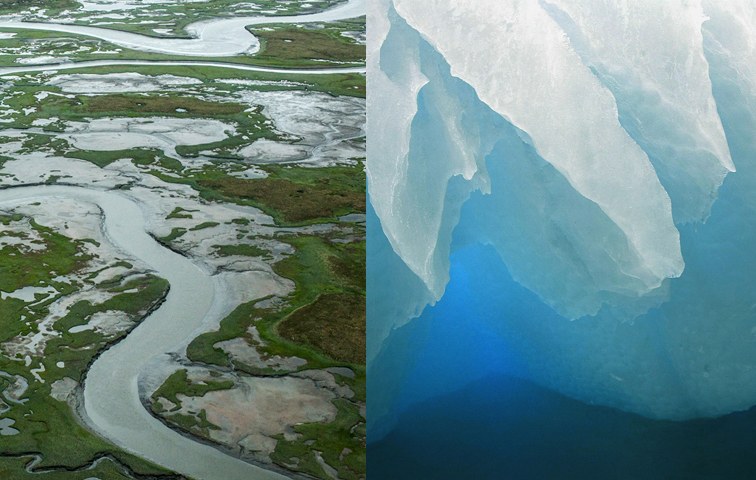 Klimaopfer der Menschen: Permafrost-Tundra und Eisberg