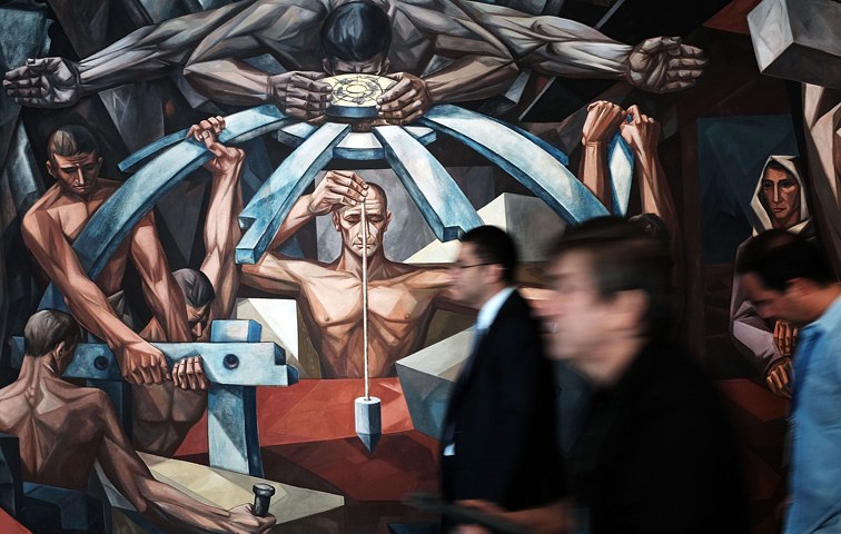 Das Wandgemälde "Mankind's Struggle for Lasting Peace" des spanischen Künstlers Jose Vela Zanetti am UN-Hauptsitzgebäude in New York City