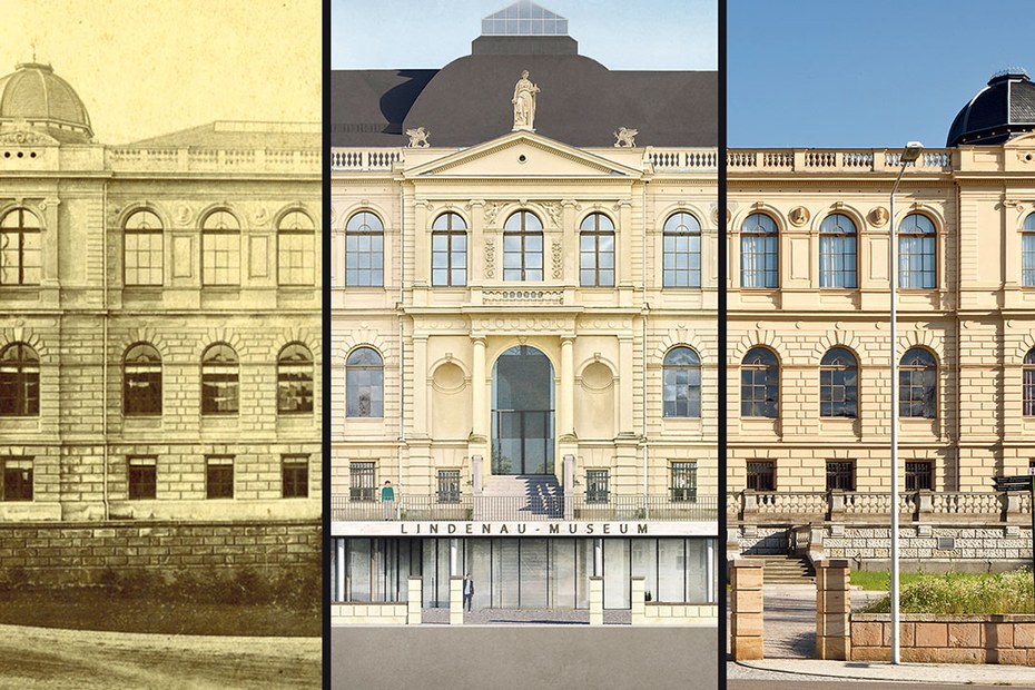 Die Treppe, die weg soll, gab es ursprünglich nicht: Links: das Museum um 1880; Mitte: Planungsstand Februar 2022; Rechts: Der Zustand seit 1910