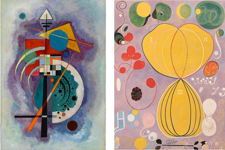 Wassily Kandinsky, Komposition No. 350, 1926 (links), Hilma af Klint, Die Zehn Größten, Gruppe IV, Nr. 7, Was Erwachsenenalter, 1907