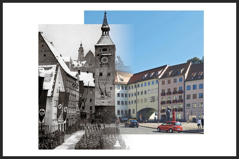 Landsberg am Lech, in Bayern: Der Hauptplatz mit Schmalzturm 2011 (rechts) und 1937 (links)
