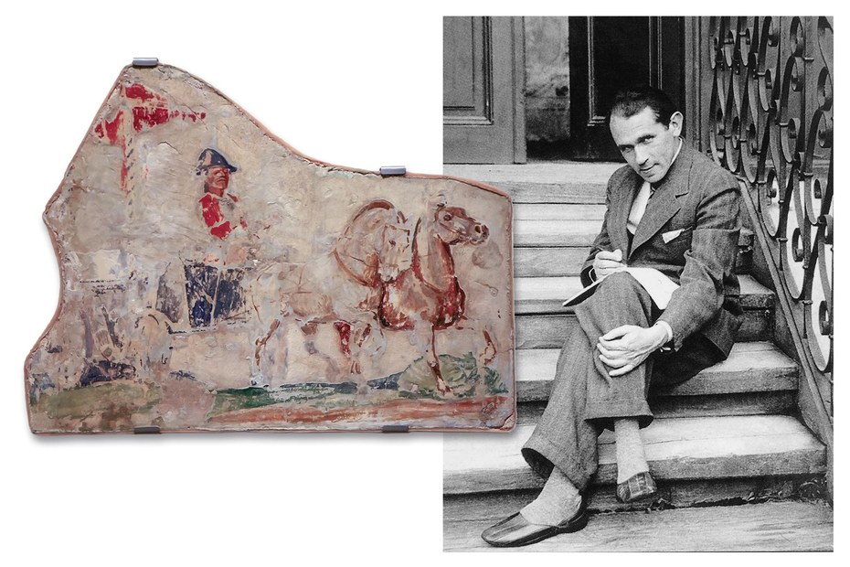 Der Mann mit den Zügeln in der Hand auf der Freske ist kein anderer als Bruno Schulz selbst. Das Bild rechts wurde 1935 aufgenommen.