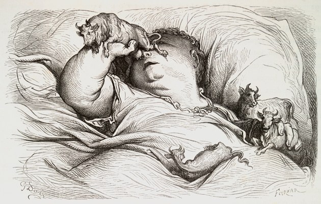 Fleischessend gewordener Schrecken: Pantagruel. Hier als Holzstich von 1864, der eine spätere Fassung des Romans von Rabelais illustriert