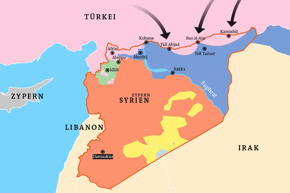 Die Einflusszonen in Syrien: türkisch (rosa), kurdisch (dunkelblau), dschihadistisch (grün), Assad (orange), sunnitisch (hellblau), unbesiedelte Gebiete (gelb). Mehr Informationen zu den Fluchtbewegungen im Kasten am Ende dieses Textes