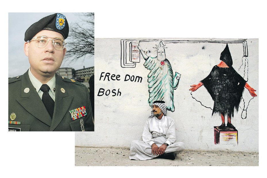 Charles Graner (l.) war auf mehreren Folter-Fotos zu sehen; Graffiti im Nordosten Bagdads im Mai 2004