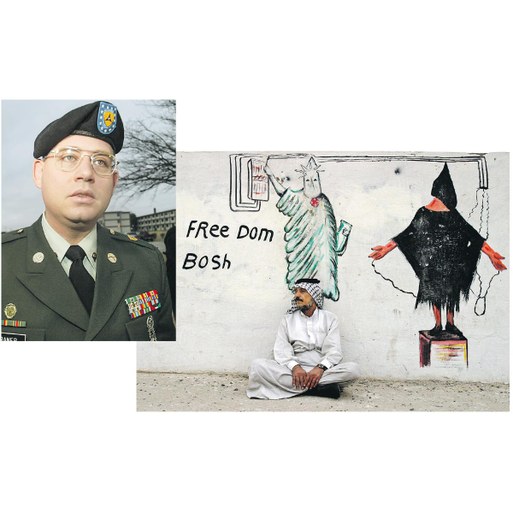 Charles Graner (l.) war auf mehreren Folter-Fotos zu sehen; Graffiti im Nordosten Bagdads im Mai 2004