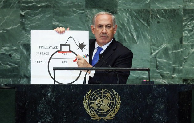 Mit einfachen Hilfsmitteln erläutert Netanjahu vor der UN-Generalversammlung das iranische Atomprogramm 