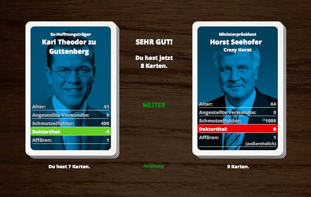 Zu Guttenberg punktet gegen Seehofer in der Kategorie "Doktortitel". Beim "Schmutzelfaktor" hat dagegen der Ministerpräsident die Nase vorn.