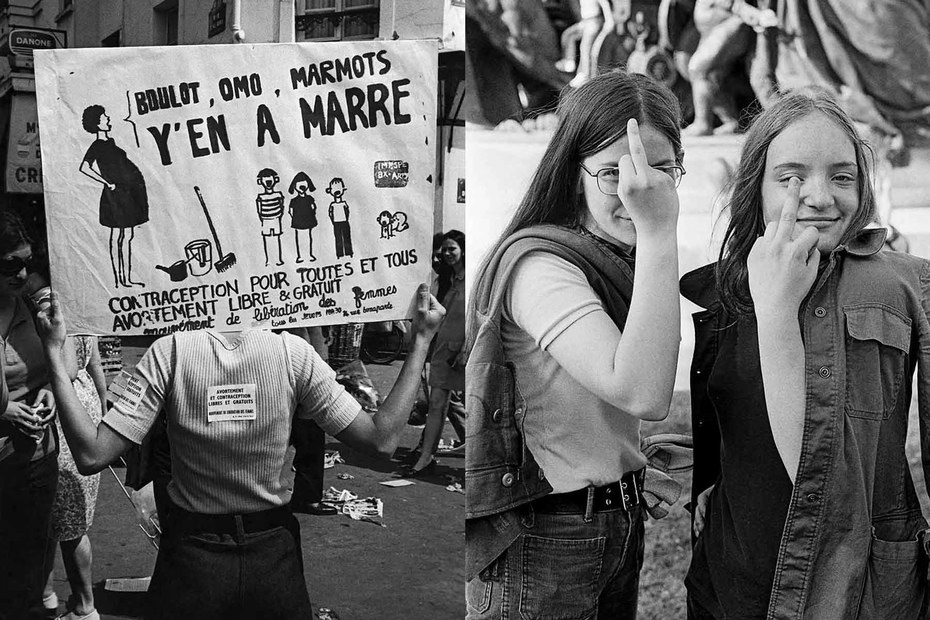 Sie haben die Nase voll: Protest für kostenlose Verhütung 1972 (links), Frauen in Paris 1973 (rechts)