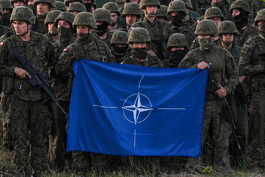 Polnische Soldaten präsentieren die Flagge der NATO während einer militärischen Übung
