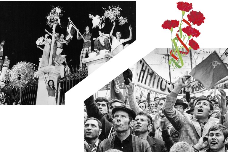 8. Mai 1974 in Lissabon: Ein Demonstrationszug feiert den Erfolg der Nelkenrevolution (rechts) – etwas später: Am 7. Juli 1974 in Athen jubeln Menschen über den Sieg über die Obristen