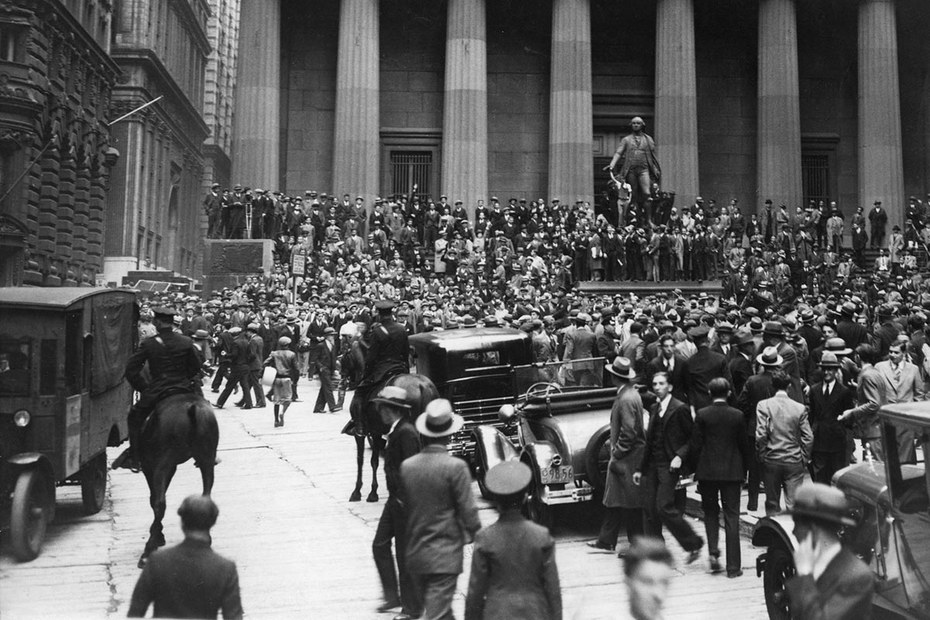 Die Federal Hall an der Wall Street, New York City, zur Zeit des Börsencrashes im Herbst 1929