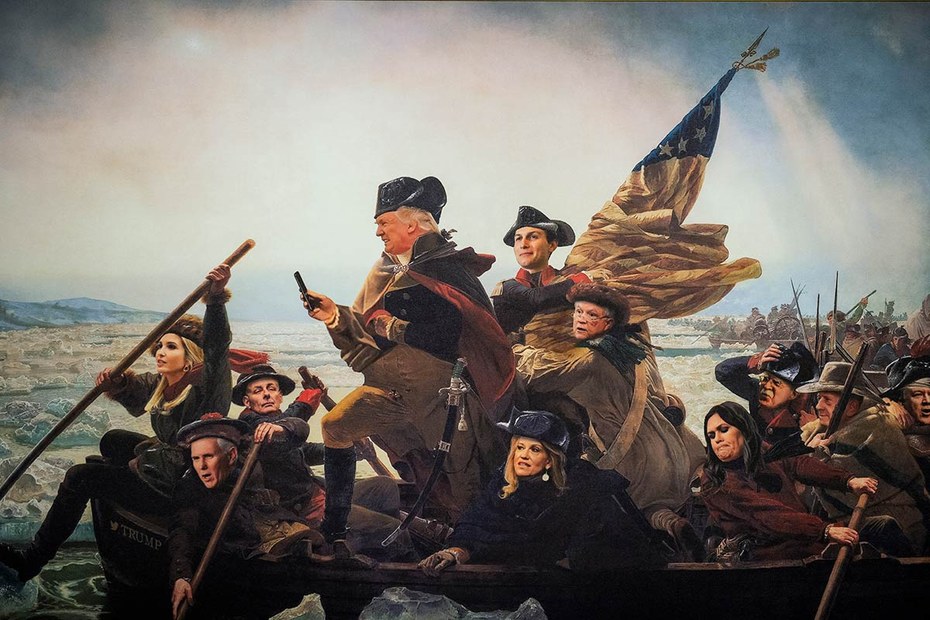Trumps Twitter-Nutzung als Ziel von Spott: Parodie der „Daily Show“ auf das Gemälde „Washington crossing the Delaware“ (1851)