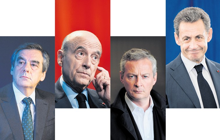 Von links: François Fillon, Alain Juppé, Bruno Le Maire und Nicolas Sarkozy