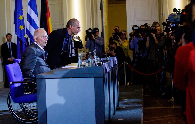 Finanzministertreffen: Yanis Varofuakis und Wolfgang Schäuble auf Pressekonferenz am 05.02.2015