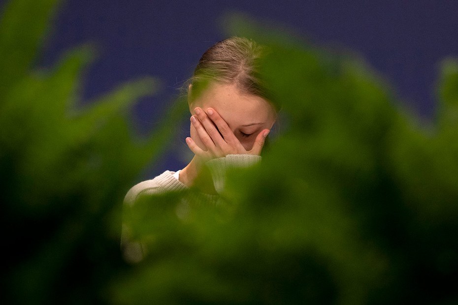 Greta Thunberg beim UN-Klimagipfel in Madrid, erkennbar begeistert von den Ergebnissen