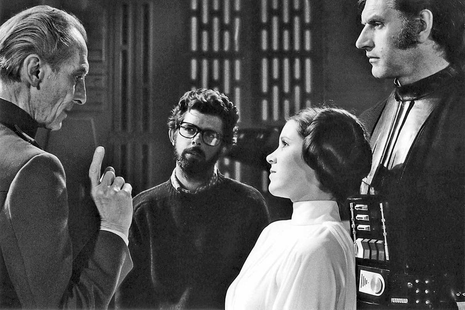 George Lucas (Mitte) am Set mit den Star-Wars-Protagonisten