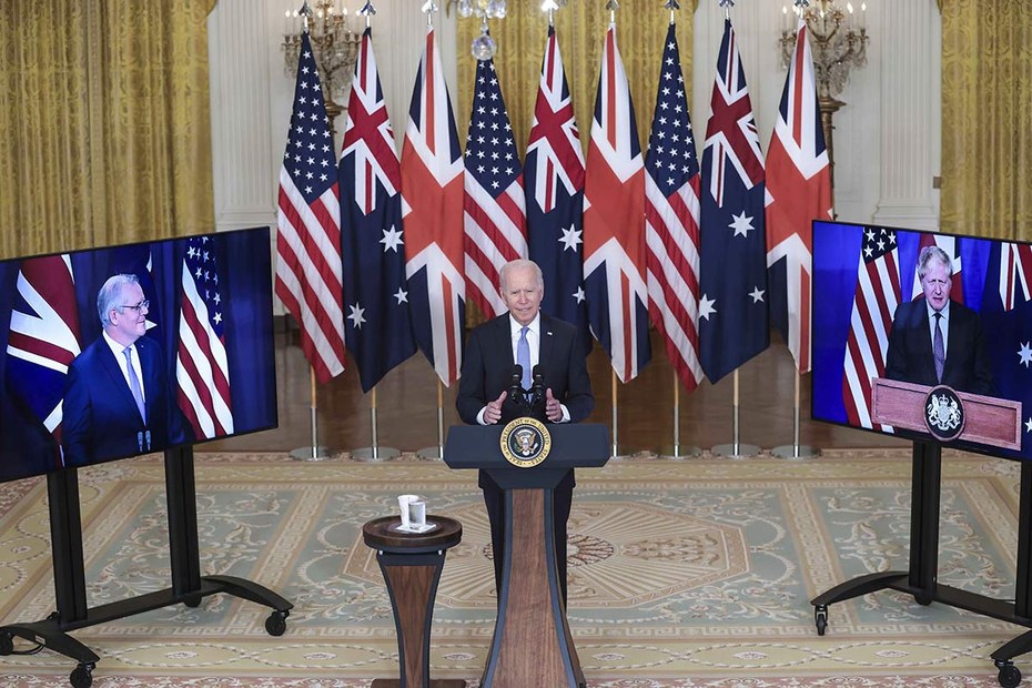 Vereint im Willen zur Aufrüstung: Der Premierminister von Australien, Scott Morrison (l.), Joe Biden und Großbritanniens Premier Boris Johnson (r.)