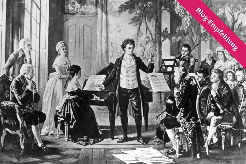 Ludwig van Beethoven dirigiert eines seiner Rasumowsky-Quartette. Der Cellist wahrt die Contenance