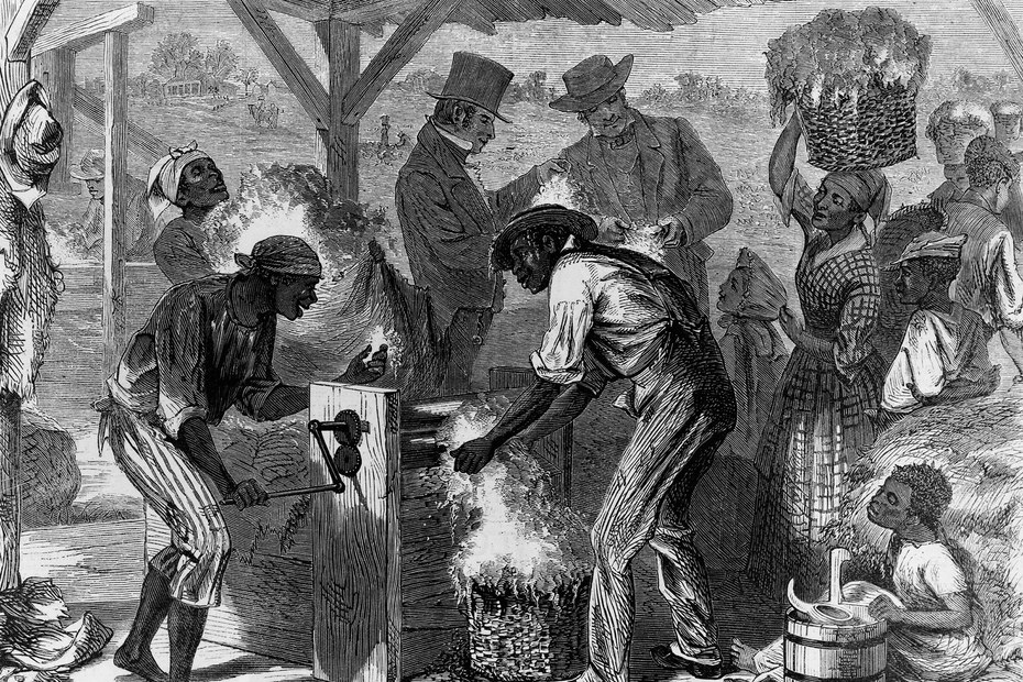 Sklaven an – damals neu entwickelter – Baumwoll-Entkörnungsmaschine: 1869 in den USA veröffentlichte Zeichnung