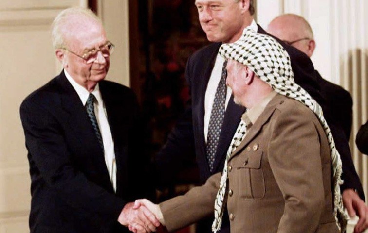 Rabin, Clinton und Arafat am 28. September 1995 im Weißen Haus