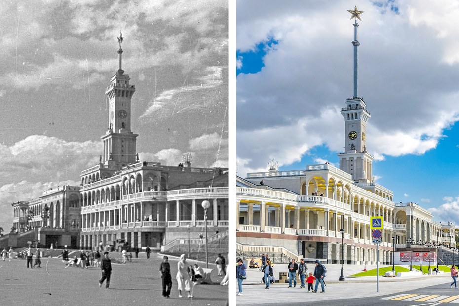 Passagierterminal am Nordhafen 1938 und heute: ein Hauch von Venedig am Chimki-Stausee