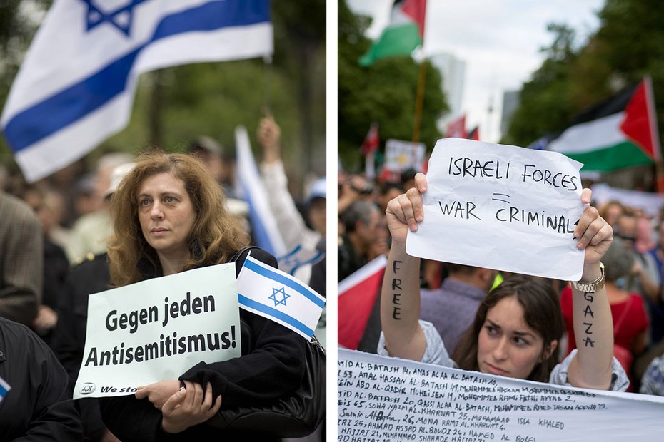 Die einen stehen im Kampf gegen den Hamas-Terror an Israels Seite (links) – die anderen verurteilen die Gegenwehr des Landes (rechts)