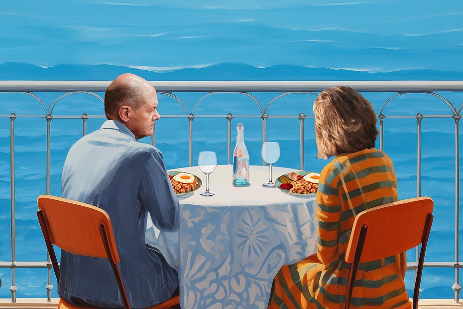 Olaf Scholz und seine Frau Britta Ernst, wie sie während ihres Weihnachtsurlaubs in einem schönen italienischen Restaurant an der ligurischen Küste sitzen und Labskaus essen.