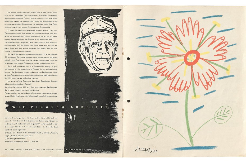 Werbebroschüre zum Buch Lied der Ströme mit einem Auszug aus Pozners Text „Wie Picasso arbeitet“, 1957 Privatsammlung