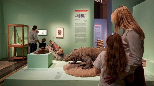 Eine Mutter steht mit ihrer Tochter in der Ausstellung, sie schauen sich eine ausgestellte Echse an.