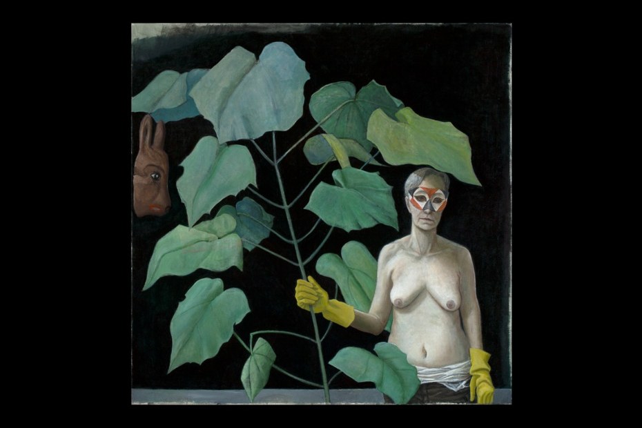 Doris Ziegler: Selbst mit Paulownia, 2016, Eitempera, Öl auf Hartfaser, 110 x 110 cm, Besitz der Künstlerin