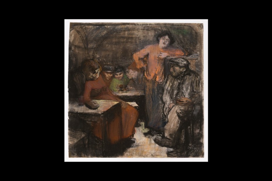 Käthe Kollwitz (1867–1945) „Pariser Kellerlokal“ 1904; Kreide und Gouache auf Bütten