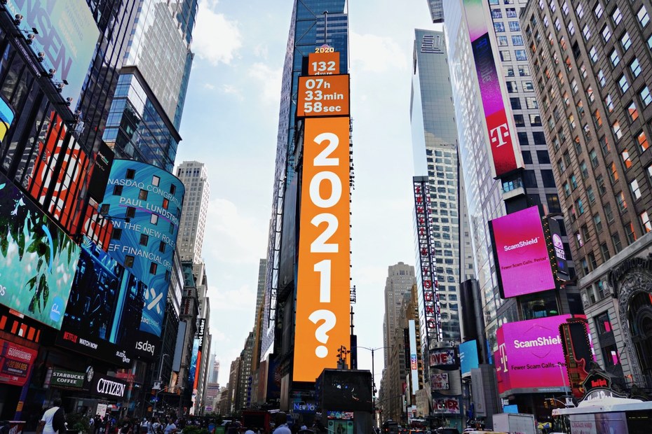 Am Times Square in New York City hat man das Jahr 2020 schon abgeschrieben