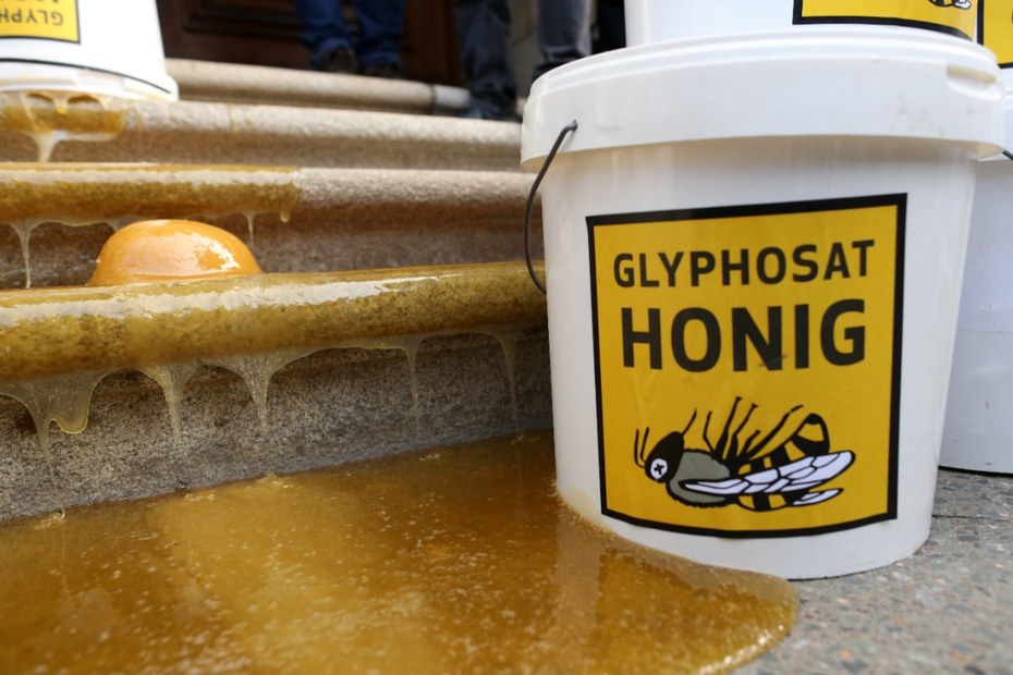 Imker*innen vergießen Honig auf den Treppen des Landwirtschaftsministeriums in Deutschland. Tonnen von Honig sind wegen des Einsatzes des Herbizids Glyphosat auf benachbarten Äckern unverkäuflich geworden.