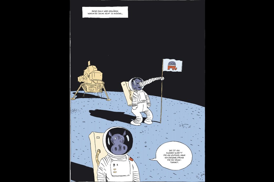 Exzerpt aus „Sapiens. Der Aufstieg“, gezeichnet von dem französischen Zeicher Daniel Casanave: Warum weder ein Elefant, noch ein Nilpferd auf dem Mond gelandet sind, erklärt Yuval Harari in seinem neuen Buch.